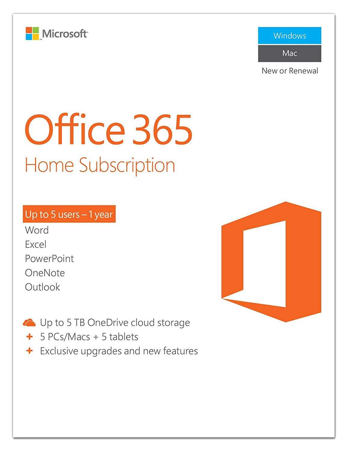 Microsoft Office 365 Home 1year subscription, 5 users, PC/Mac Key